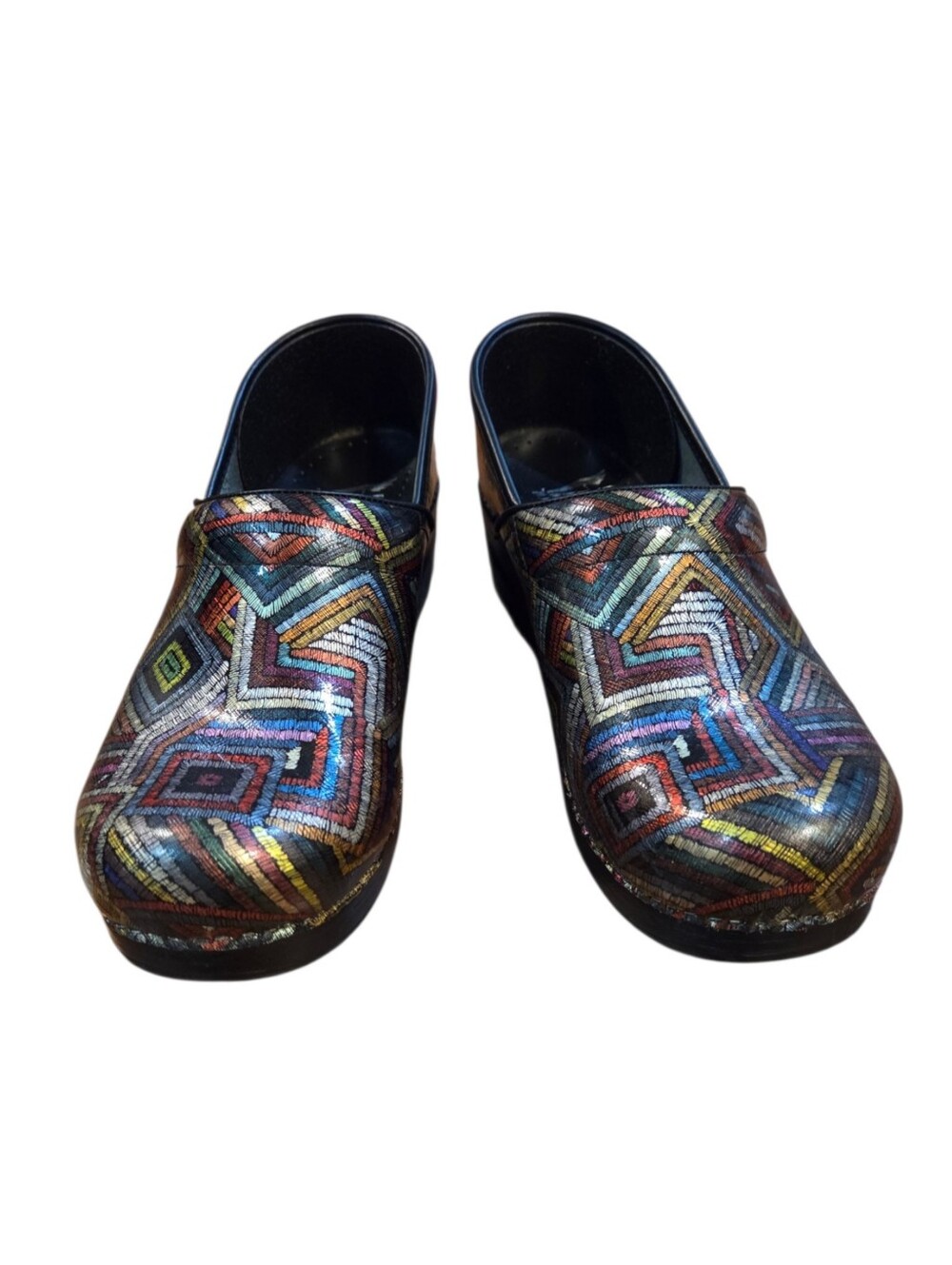Dansko Professional Color Maze Patent Slip-on Clogs Vibrant Geometric Pattern